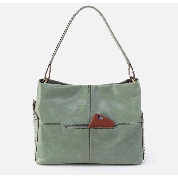 Hobo SENECA Shoulder Bag Jade Green EUC Genuine Leather Tote Patent Leather Gold - Picture 2 of 10